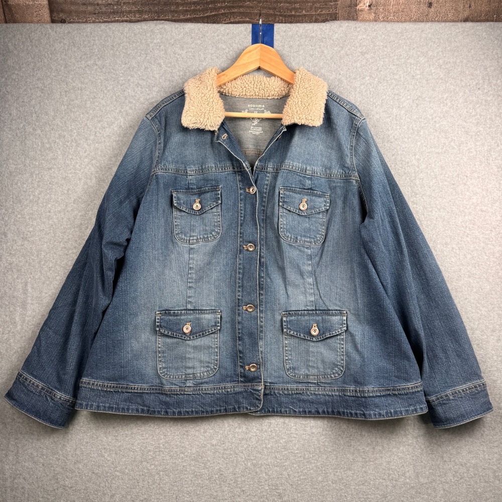 Sonoma Denim Jacket Womens 2X Sherpa Collar Button Front Trucker Utility Chore